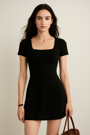 Elegant Black A-Line Mini Dress – Slim Fit Chic
