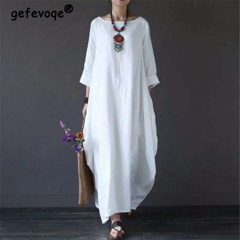 Vintage Oversized Cotton Linen Maxi Dress